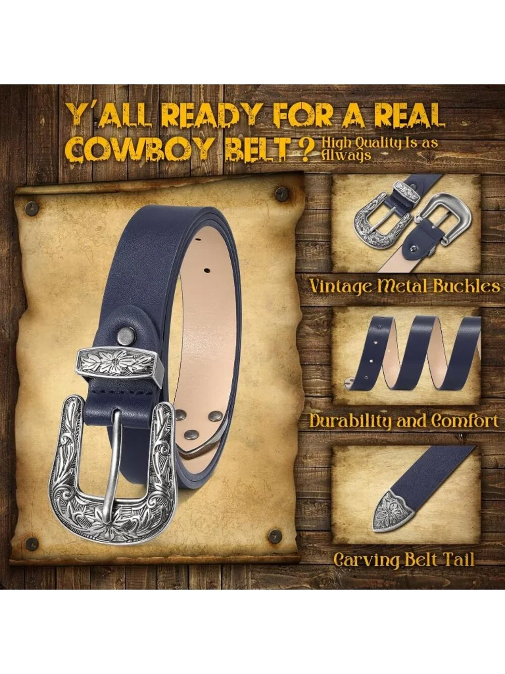 Women's Navy Blue Leather Belts Vintage Western Design Silver Buckle Waist Belt